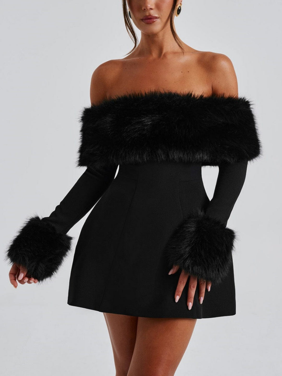 Venyra™ | Off-the-shoulder mini dress with fur sleeves