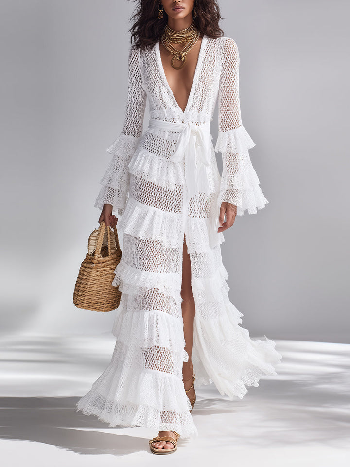 Freya - Bright White Crocheted Knit Cardigan for Women