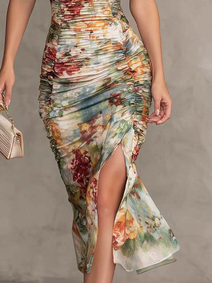 Carmen - Retro And Elegant Floral Ruched Square-Neck Midi Dress