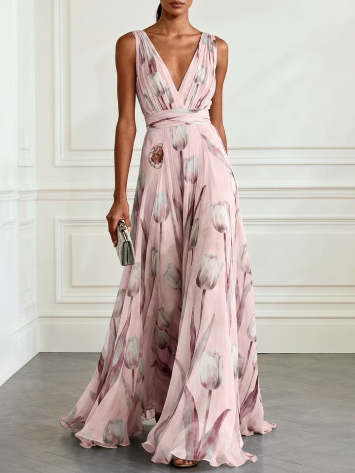Nerea  - Elegant Tulip Print V-neck Maxi Dress