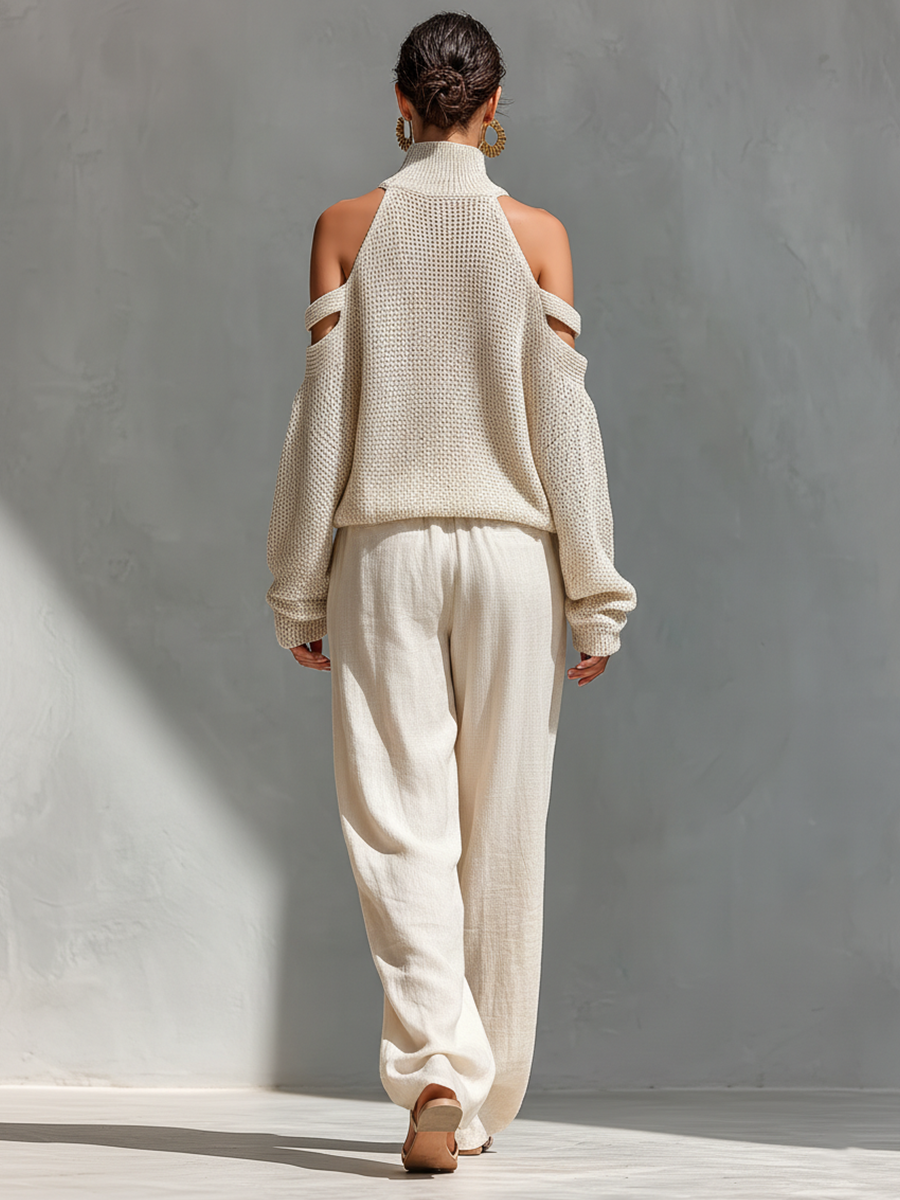 Thalia - Beige Knit Off-Shoulder Turtleneck Top & Wide Leg Pants Set