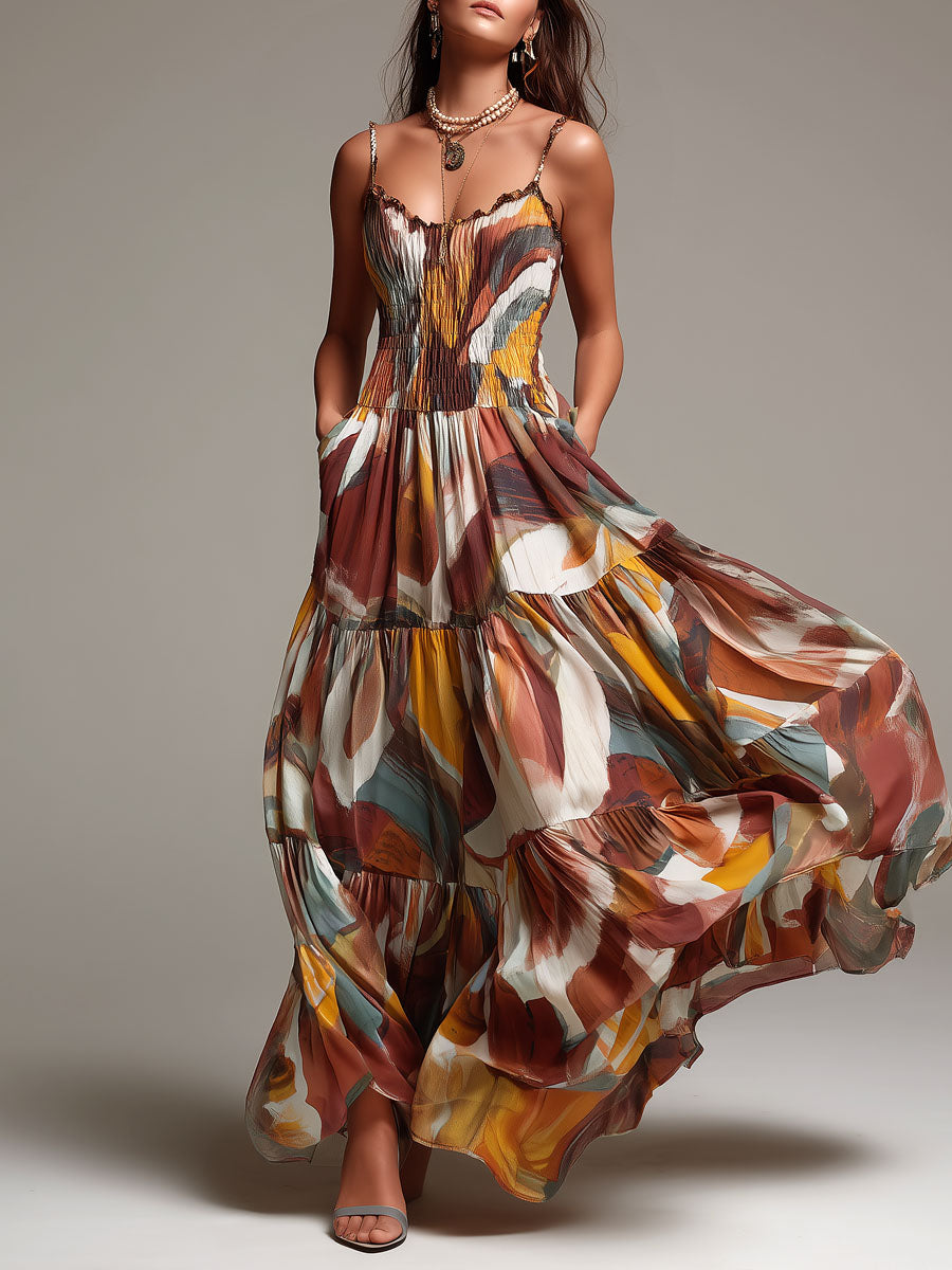 Celine - Boho Abstract Multicolor Smocked Bodice Maxi Dress