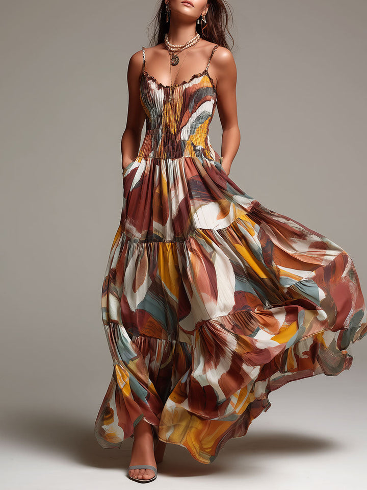 Celine - Boho Abstract Multicolor Smocked Bodice Maxi Dress