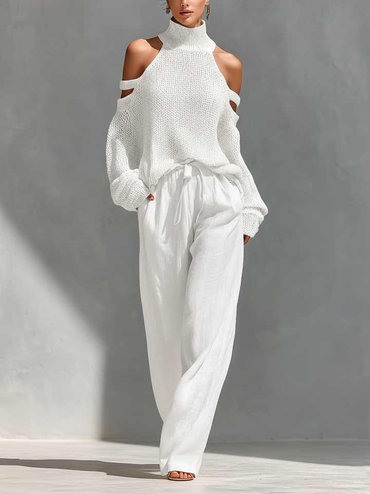 Thalia - Beige Knit Off-Shoulder Turtleneck Top & Wide Leg Pants Set