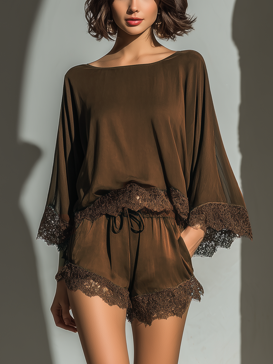 Alice - Chocolate Satin Boat Neck Top & Shorts Set