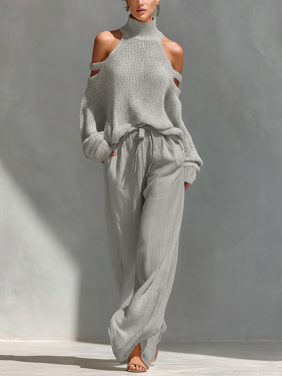 Thalia - Beige Knit Off-Shoulder Turtleneck Top & Wide Leg Pants Set