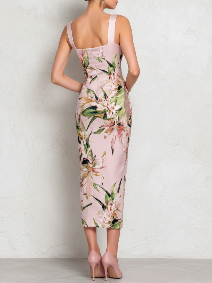 Amber - Pink Floral Satin Square Neck Midi Dress