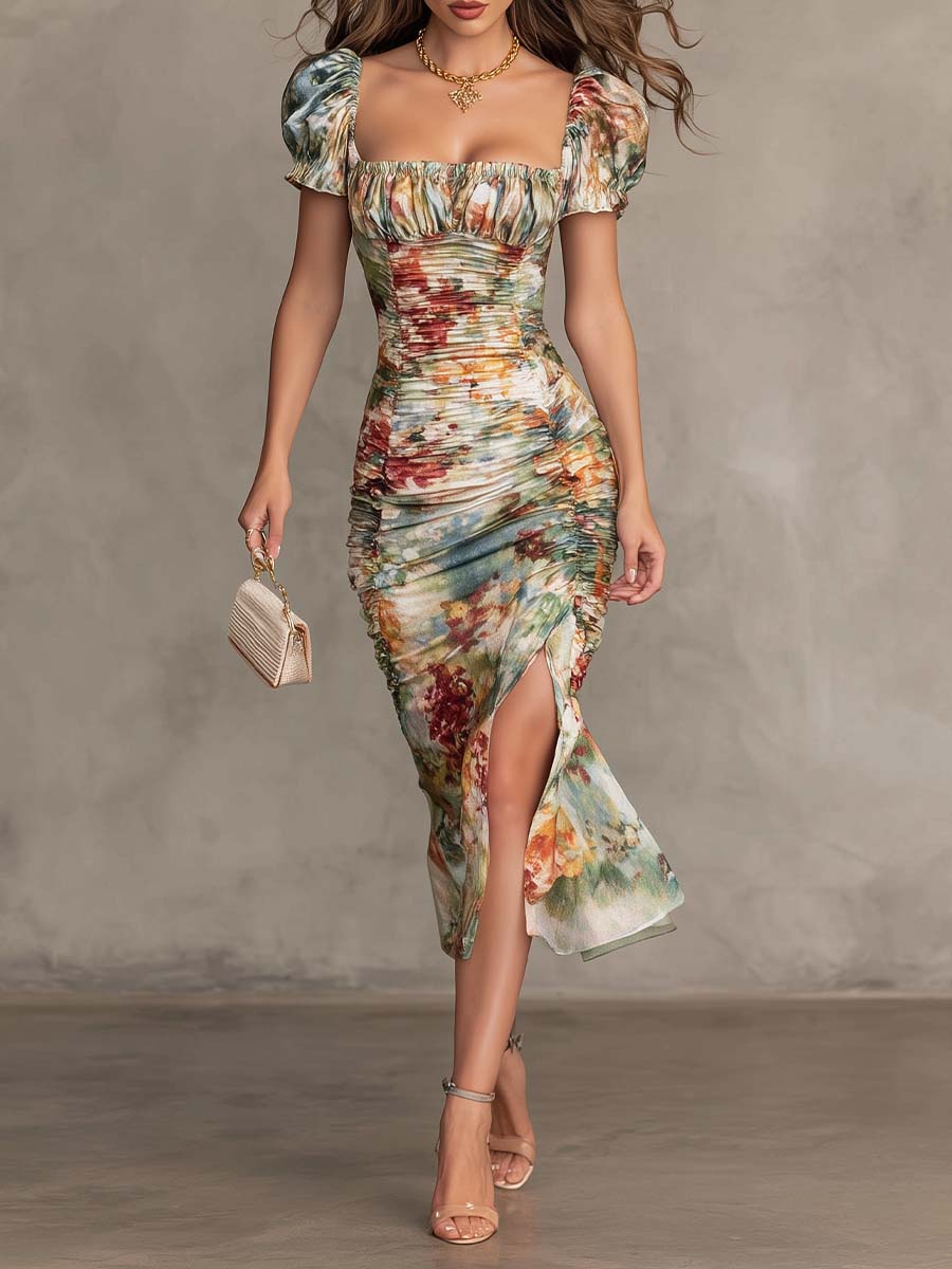 Carmen - Retro And Elegant Floral Ruched Square-Neck Midi Dress