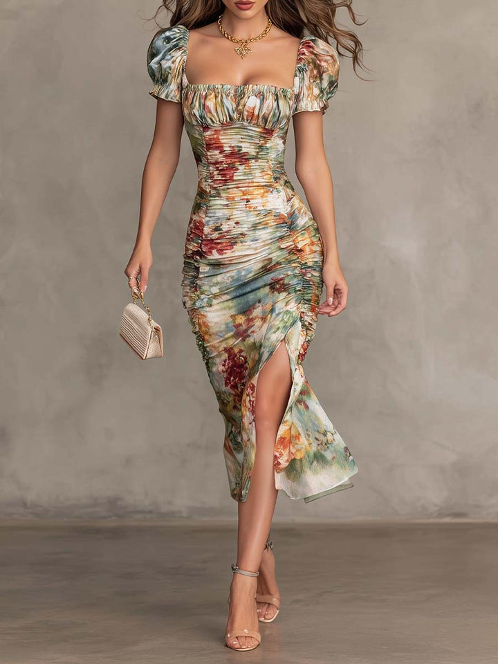 Carmen - Retro And Elegant Floral Ruched Square-Neck Midi Dress