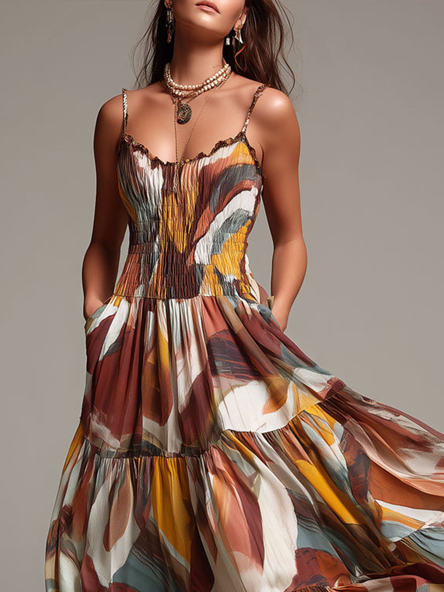 Celine - Boho Abstract Multicolor Smocked Bodice Maxi Dress