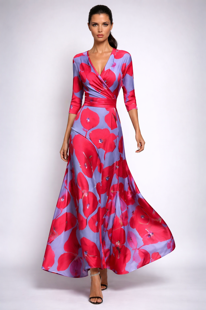 Elisa - Elegant Wrap Maxi Dress with Flowers