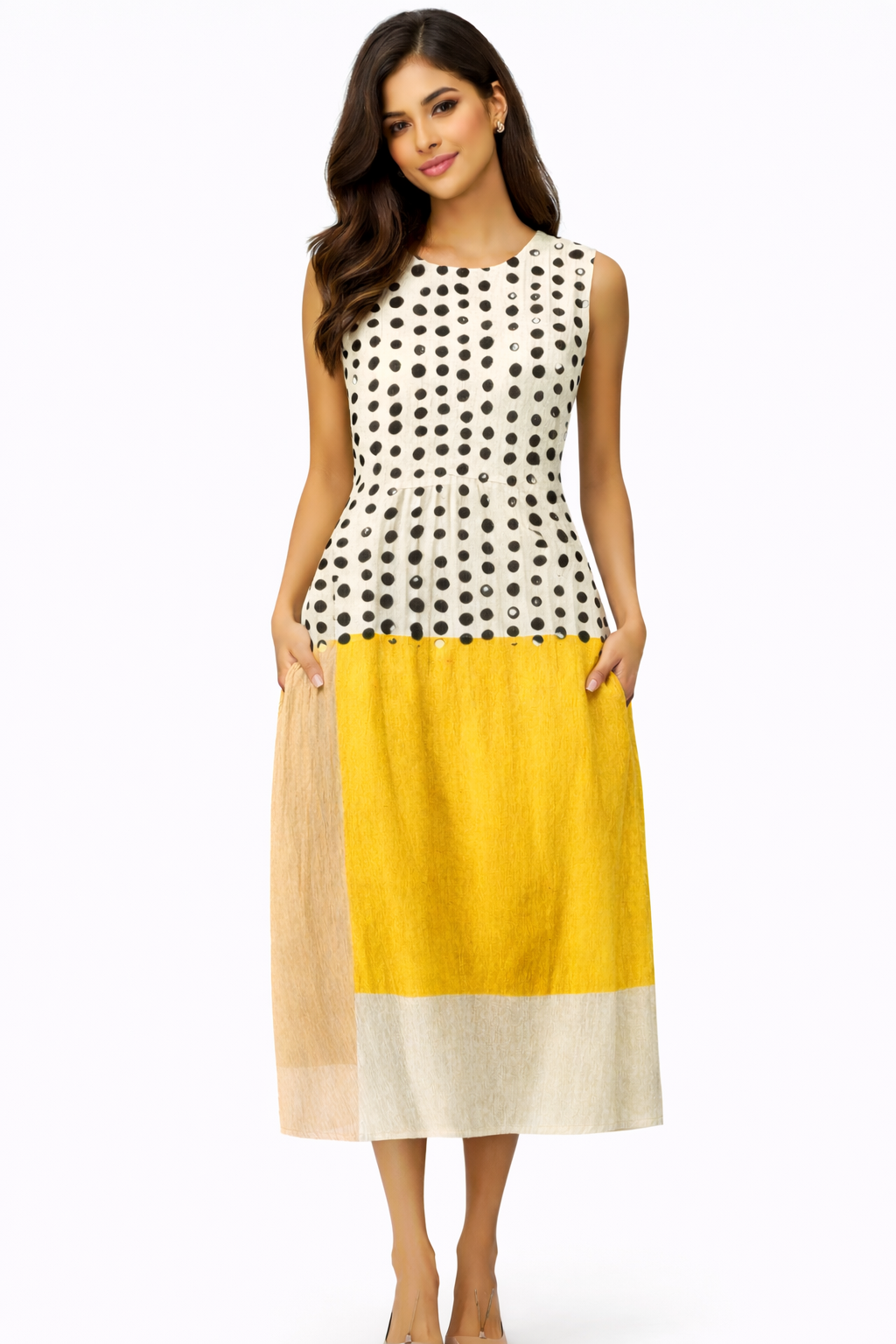 Leah | Vestido midi con lunares y bloques de color