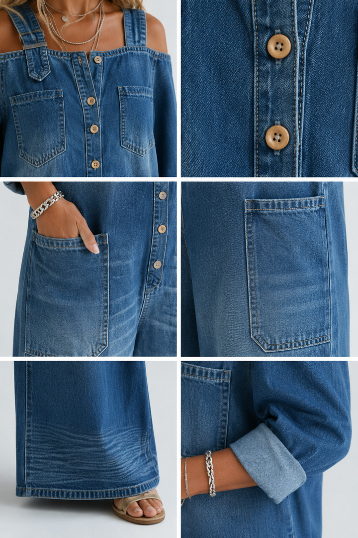 Stephanie | Off Shoulder Denim Shirt Jumpsuit