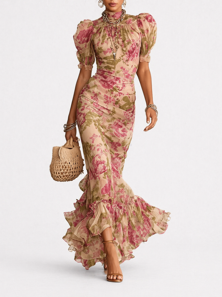Fiora |  Vestido largo con estampado vintage de rosas y mangas abullonadas