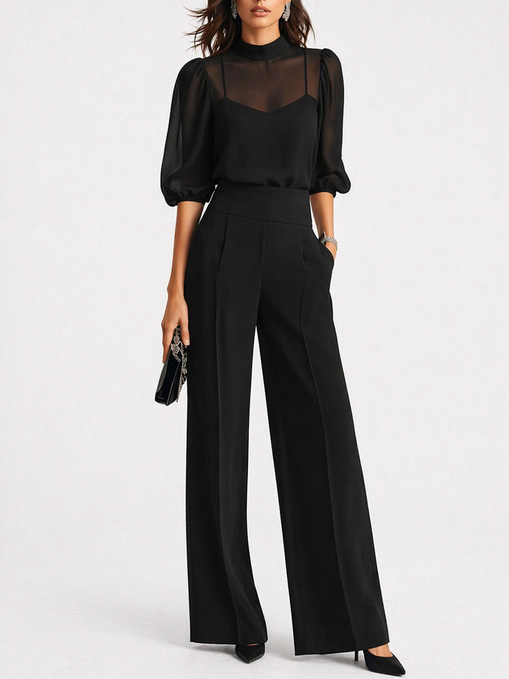 Valentina | Conjunto de tres piezas en negro, top y pantalones de pierna ancha