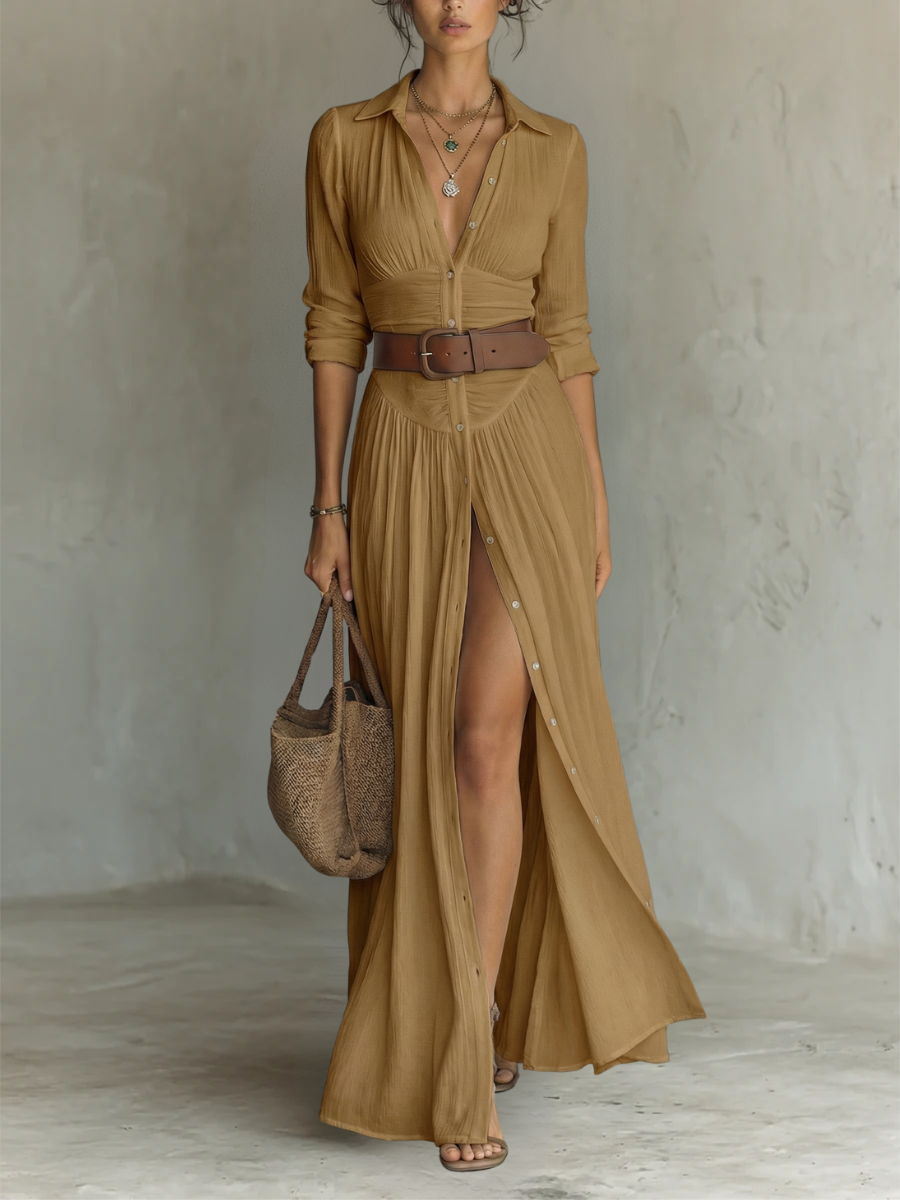 Kiara - Long Sleeve Lapel Collar Maxi Dress