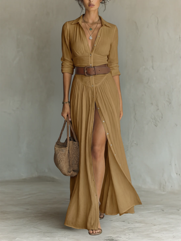 Kiara - Long Sleeve Lapel Collar Maxi Dress