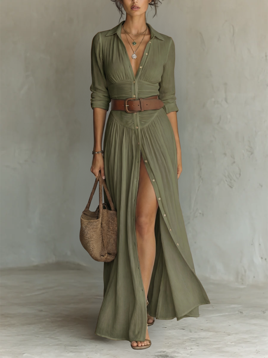 Kiara - Long Sleeve Lapel Collar Maxi Dress