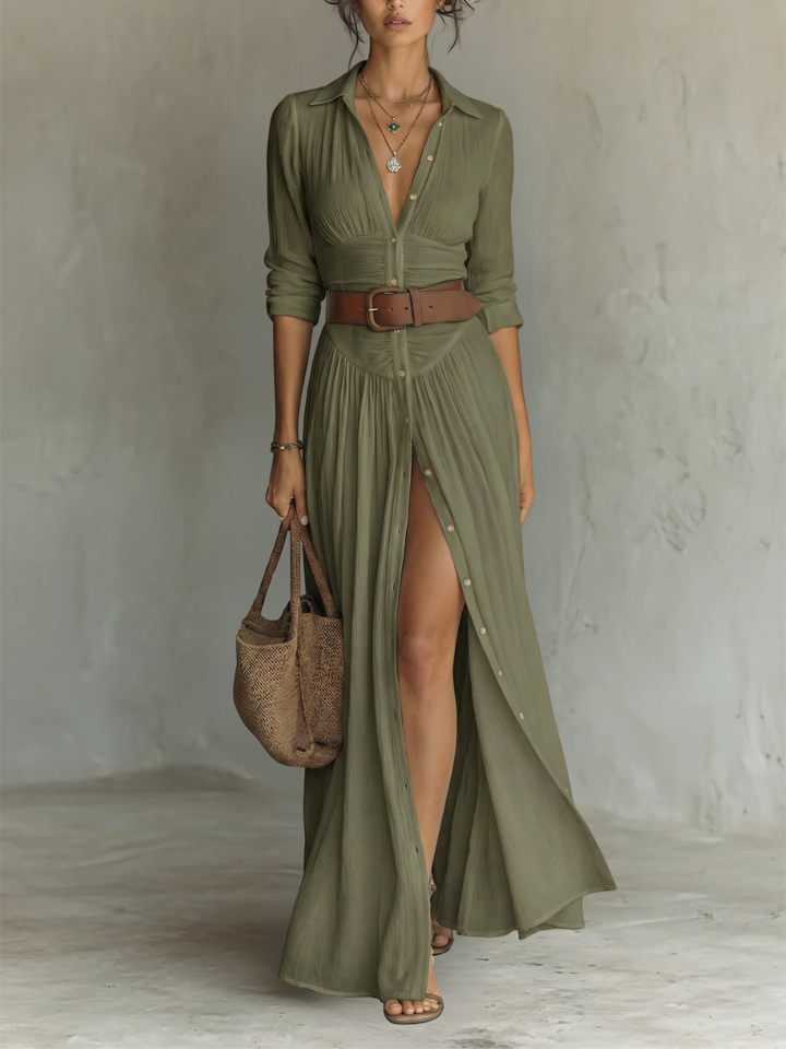 Kiara - Long Sleeve Lapel Collar Maxi Dress