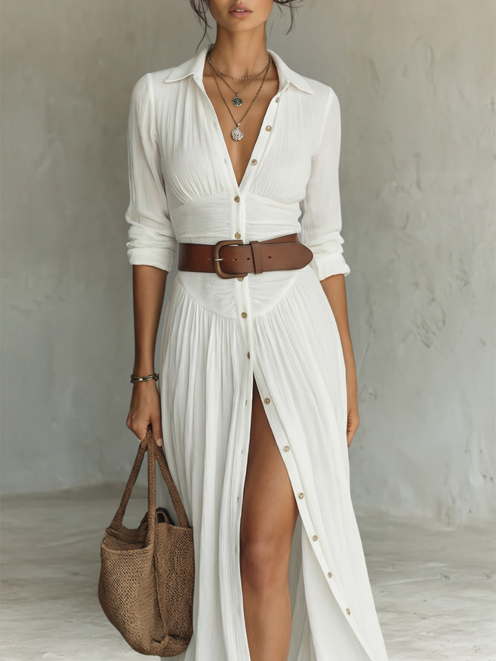 Kiara - Long Sleeve Lapel Collar Maxi Dress