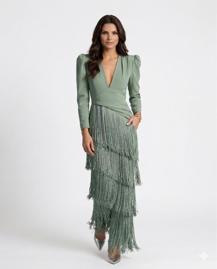 Clara  | Elegante vestido midi con mangas de flecos