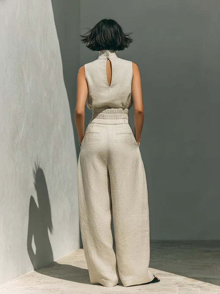 Flor™ | Minimalist Sleeveless Blouse and Wide-Leg Pants Cotton-Linen Set for Women