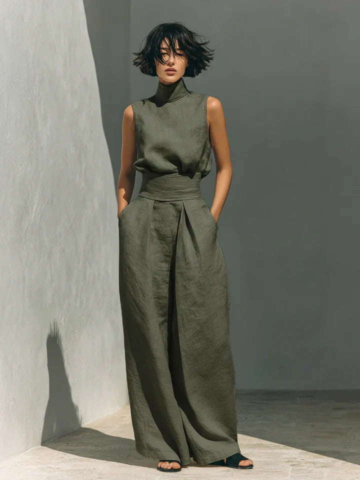 Flor™ | Minimalist Sleeveless Blouse and Wide-Leg Pants Cotton-Linen Set for Women