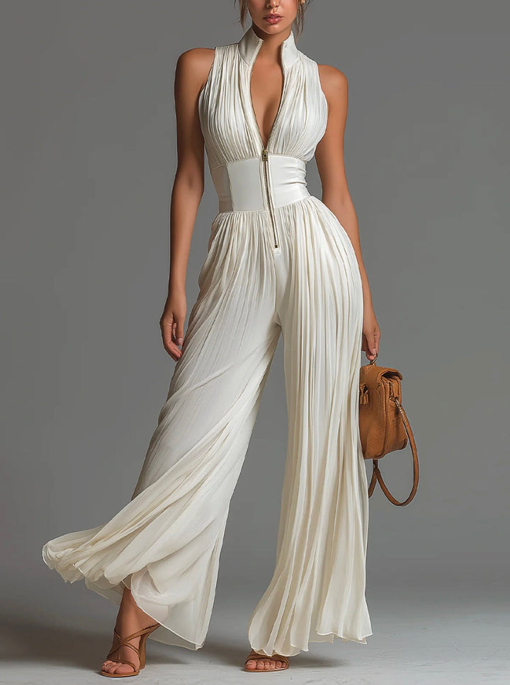 Abigail - V-neck Sleeveless Zip-up Pleated Wide-leg Chiffon Jumpsuit
