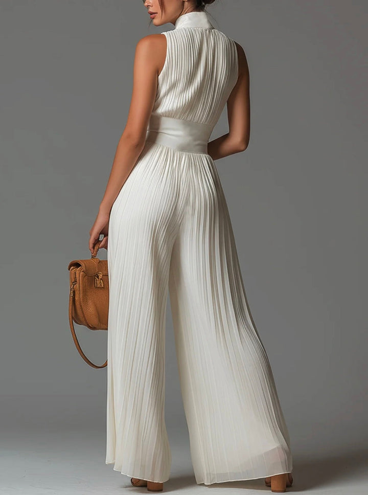 Abigail - V-neck Sleeveless Zip-up Pleated Wide-leg Chiffon Jumpsuit