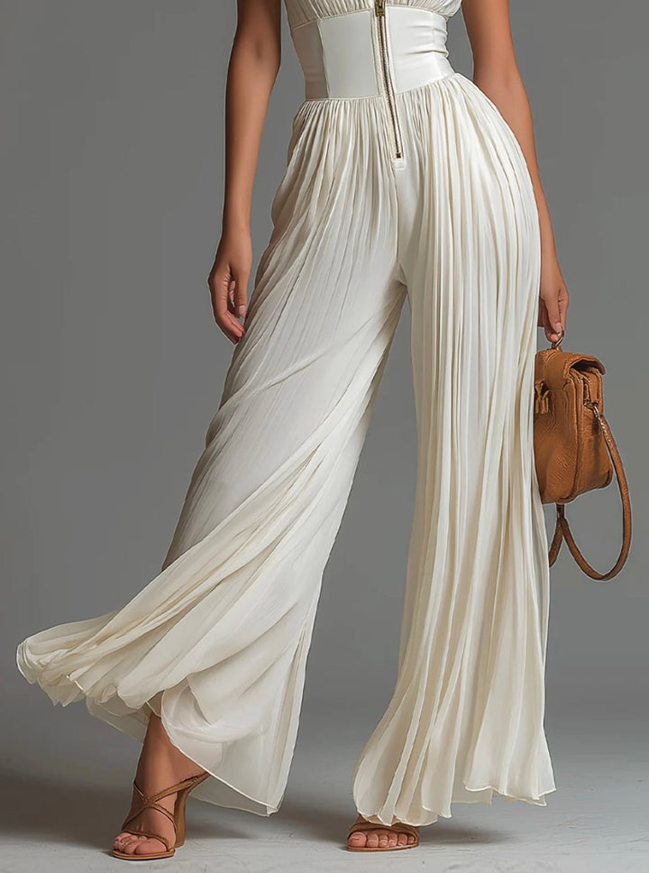 Abigail - V-neck Sleeveless Zip-up Pleated Wide-leg Chiffon Jumpsuit