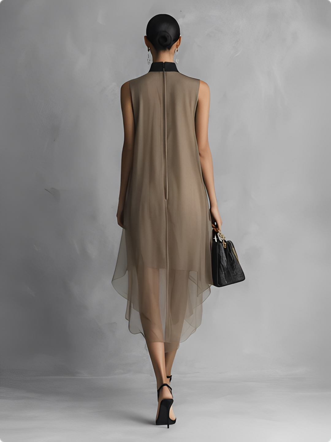 Beatrice - Lightweight Luxury Two-Tone Khaki and Brown Chiffon Sleeveless Dress