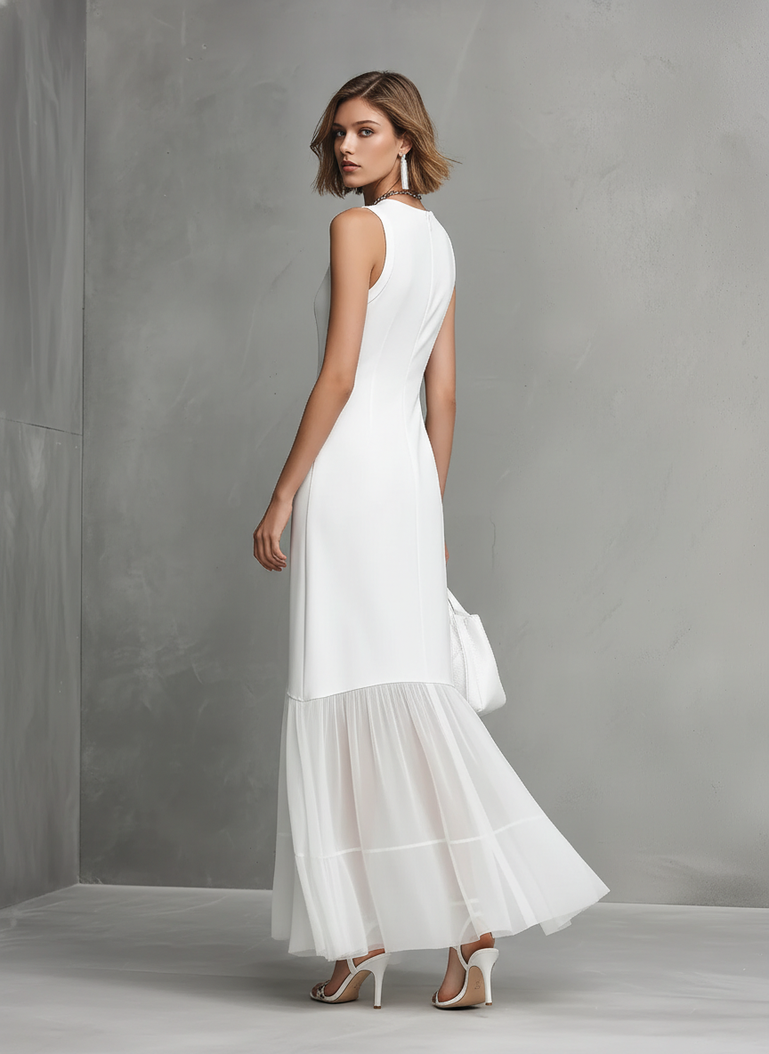Elegant White Sleeveless Dress for Women with Milk Silk and Chiffon Panels