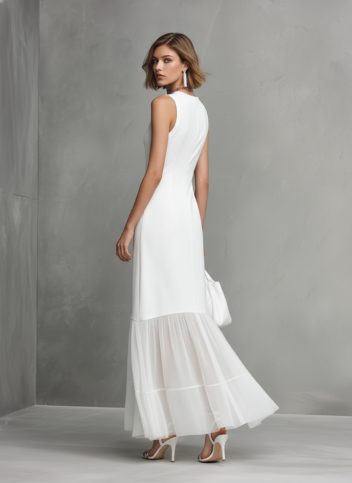 Elegant White Sleeveless Dress for Women with Milk Silk and Chiffon Panels