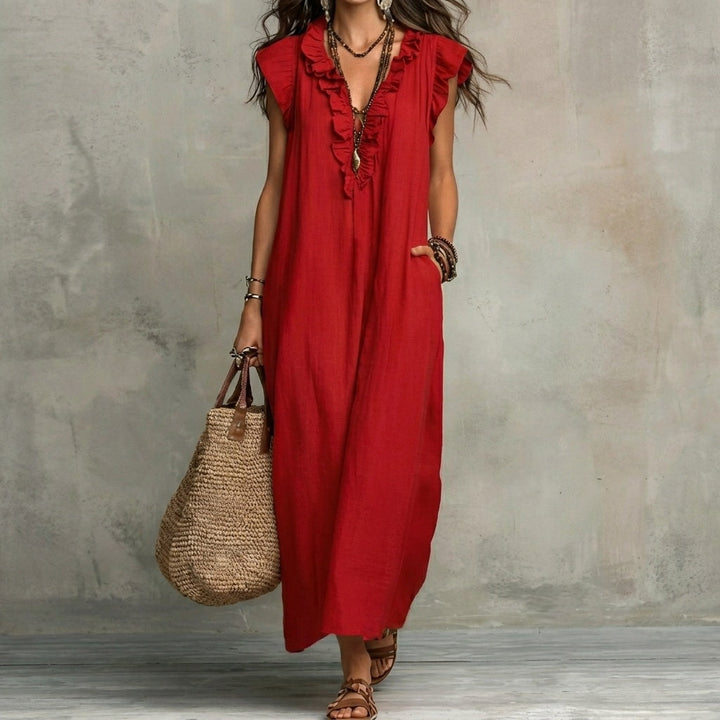 Josefina | Long Linen-Textured Dress with V-Neck and Ruffles