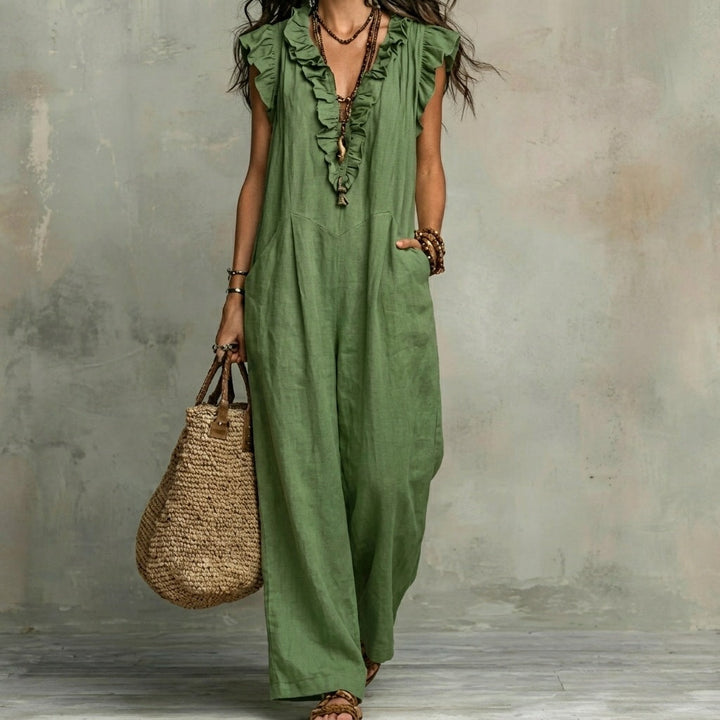 Josefina | Long Linen-Textured Dress with V-Neck and Ruffles