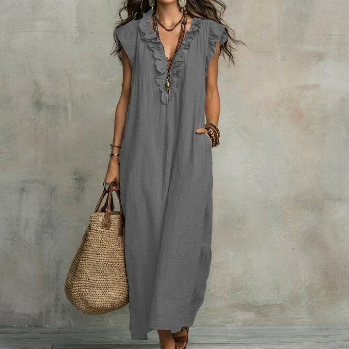 Josefina | Long Linen-Textured Dress with V-Neck and Ruffles