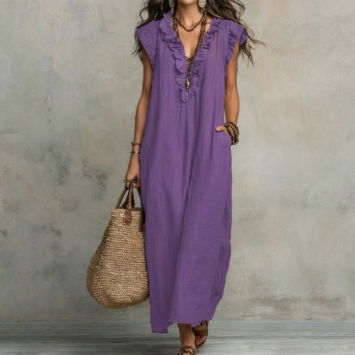 Josefina | Long Linen-Textured Dress with V-Neck and Ruffles