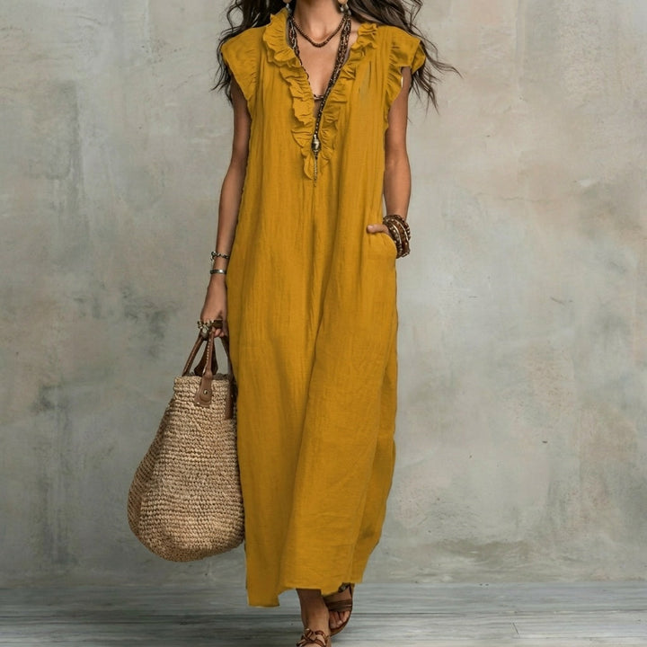 Josefina | Long Linen-Textured Dress with V-Neck and Ruffles