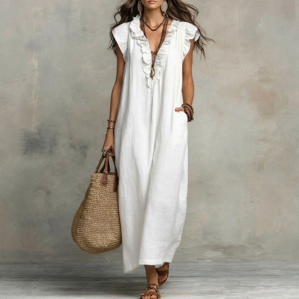 Josefina | Long Linen-Textured Dress with V-Neck and Ruffles
