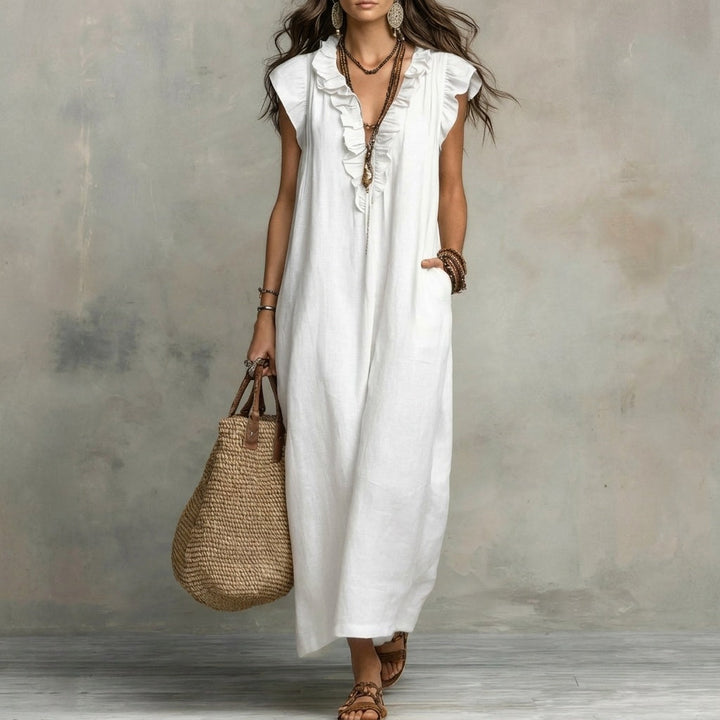 Josefina | Long Linen-Textured Dress with V-Neck and Ruffles