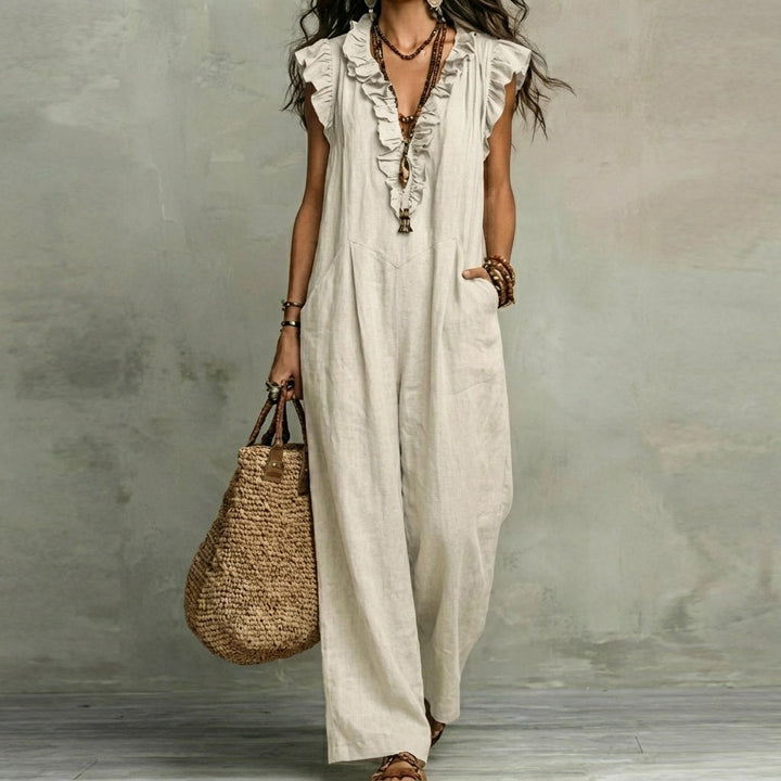 Josefina | Long Linen-Textured Dress with V-Neck and Ruffles