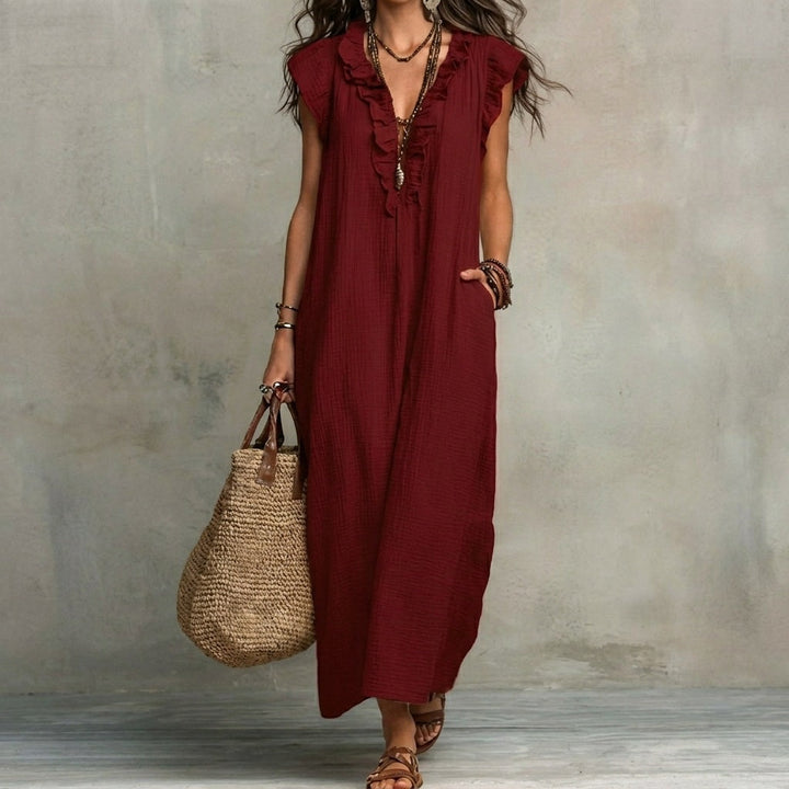 Josefina | Long Linen-Textured Dress with V-Neck and Ruffles