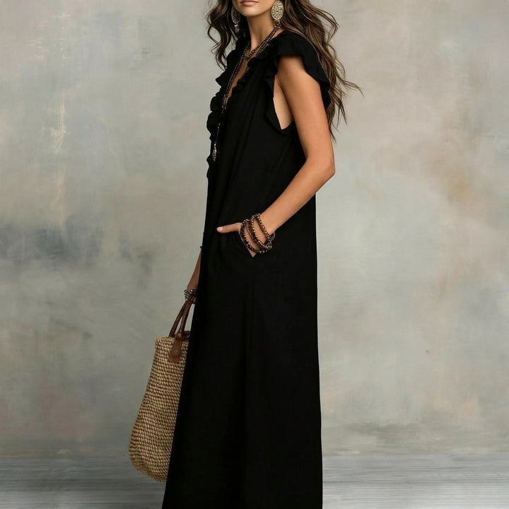 Josefina | Long Linen-Textured Dress with V-Neck and Ruffles