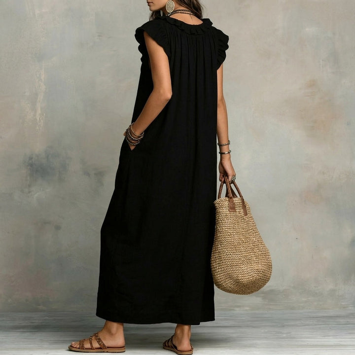 Josefina | Long Linen-Textured Dress with V-Neck and Ruffles