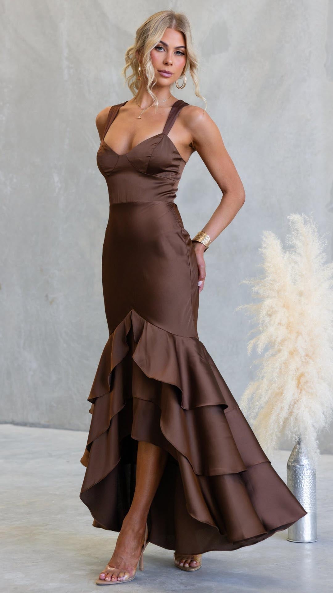 Marianna - Brown Tiered Ruffle Bustier Mermaid Maxi Dress