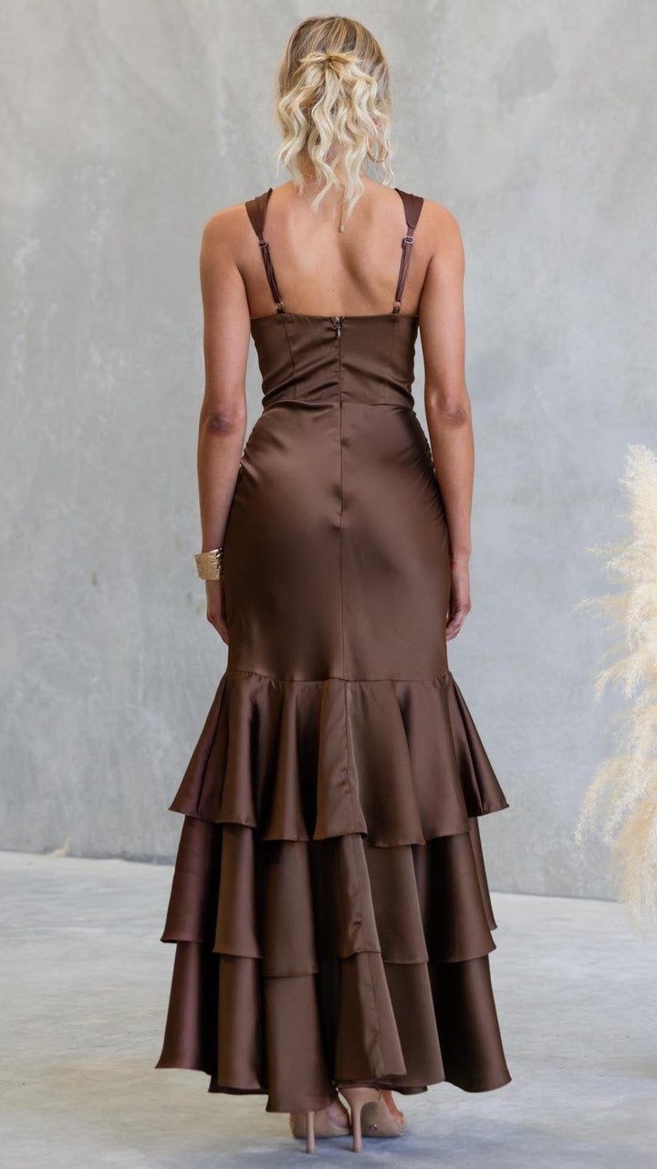 Marianna - Brown Tiered Ruffle Bustier Mermaid Maxi Dress