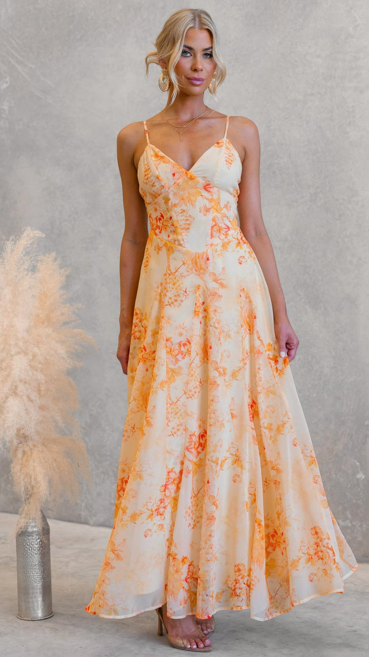 Sally - Apricot Floral V-Neck Flared Maxi Dress