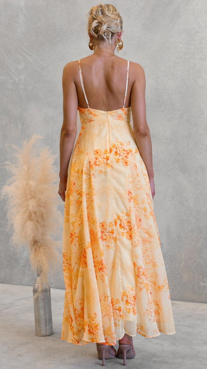 Sally - Apricot Floral V-Neck Flared Maxi Dress