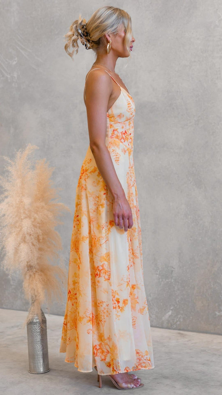 Sally - Apricot Floral V-Neck Flared Maxi Dress
