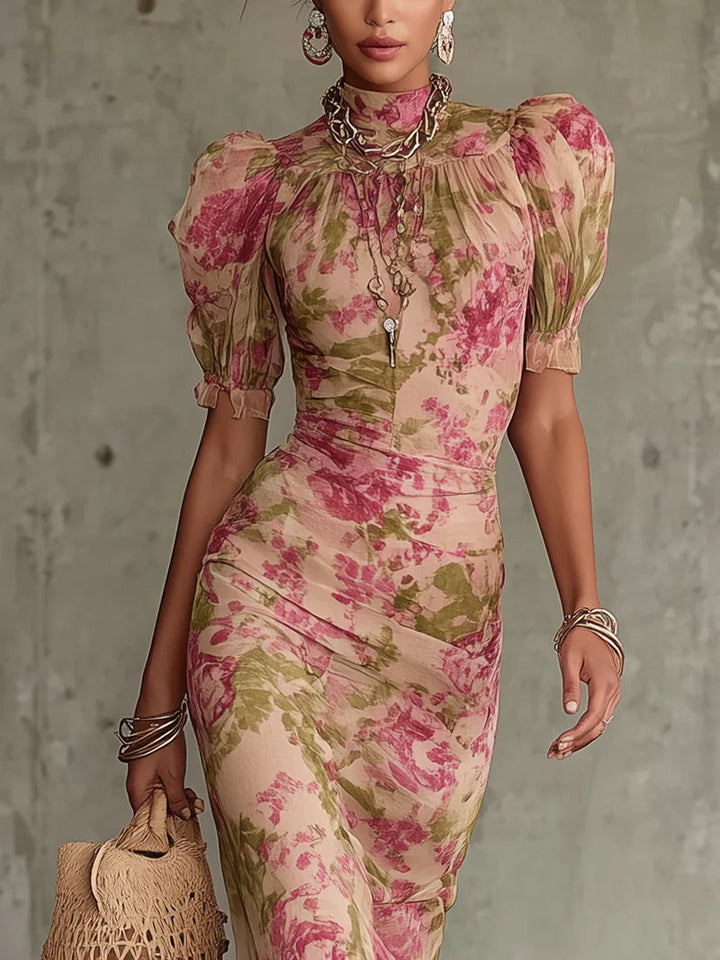 Fiora |  Vestido largo con estampado vintage de rosas y mangas abullonadas